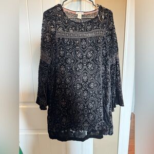 Black Lace-Pattern Mini Dress with Floral Motif
